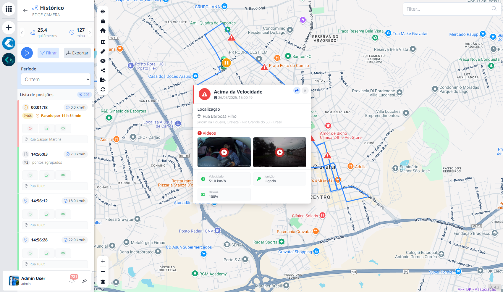 Detalhes do evento de velocidade com vídeos da câmera - Villa Lucchesi